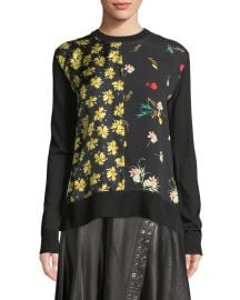 derek lam CREWNECK LONG-SLEEVE MIXED-PRINT SILK-COTTON PULLOVER SWEATER at Neiman Marcus